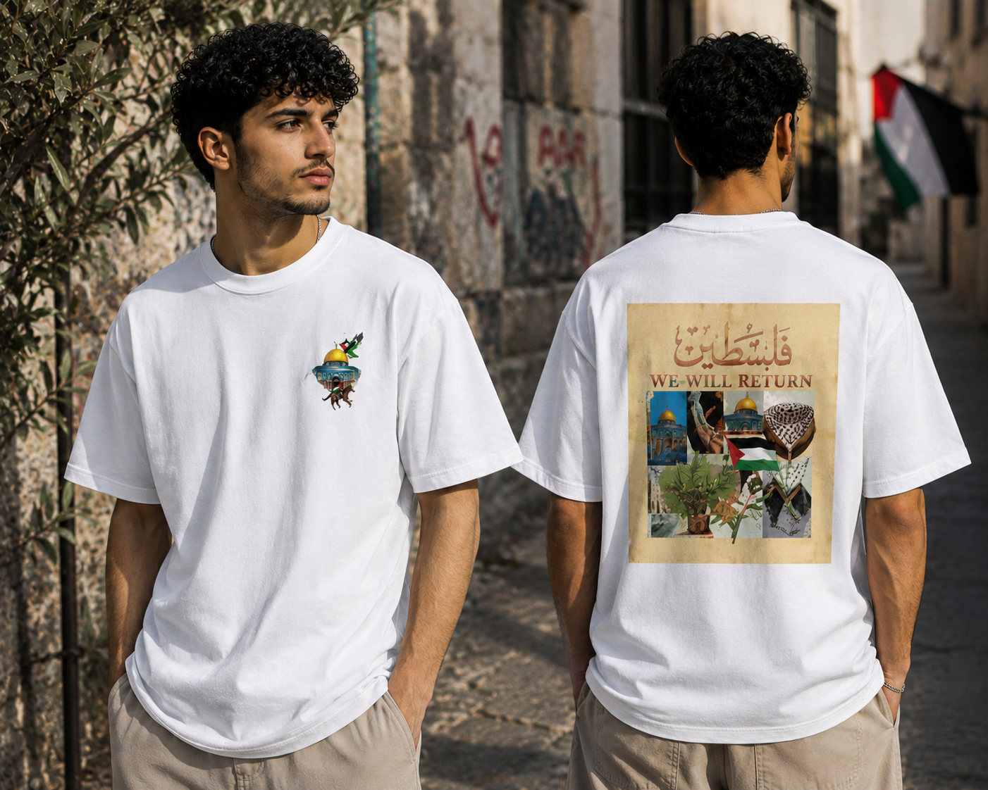 تيشرت سنعود – فلسطين WE WILL RETURN بتصميم تراثي عتيق | غصن