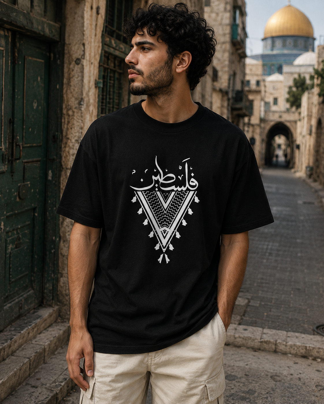 تيشرت فلسطين – خط عربي كاليغرافي ونقشة الكوفية الأصيلة | غصن